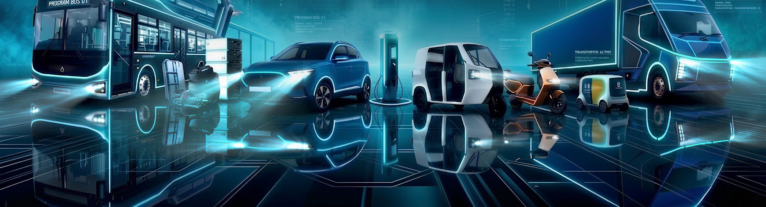 Electric buses, cars, a scooter and a delivery robot on a show floor